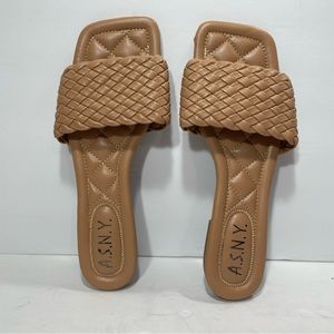 A.S.N.Y. Tan Weave Sandals Faux Leather Weave Wedge Size 9 Women’s Slide Shoes